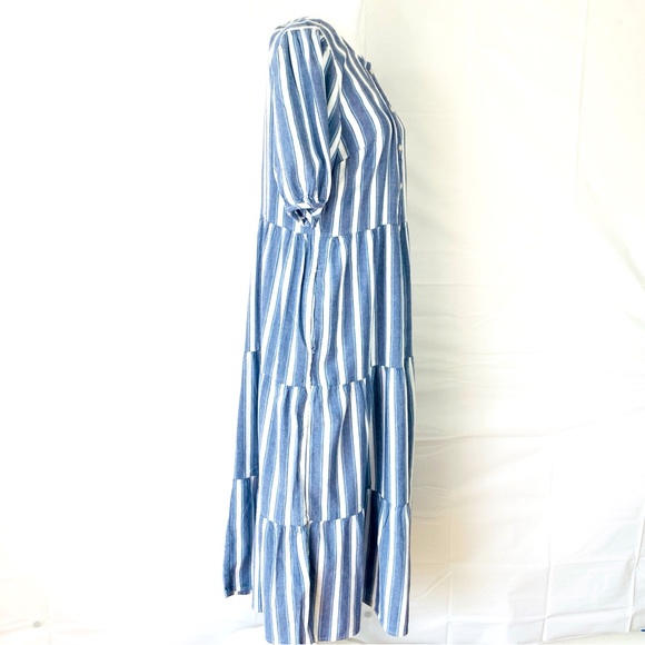 Old Navy Puff-Sleeve Tiered Midi Swing Dress in Blue Striped Small S Pockets - Picture 5 of 15